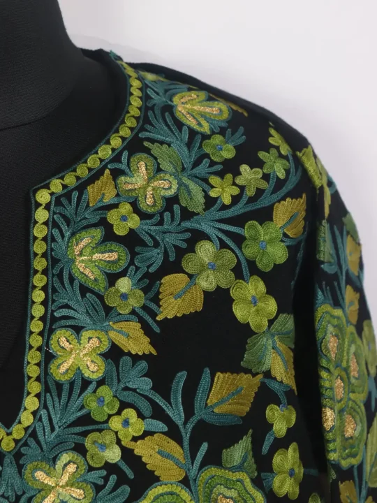 Zehra Black Kashmiri Ari Work Jamawar Pheran in Raffal Wool - Image 3