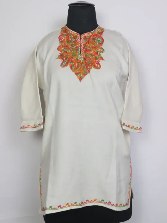 Zehra Kashmiri Girls Pheran in White Cashmilon Wool with Aari Work (7 to 8Y)