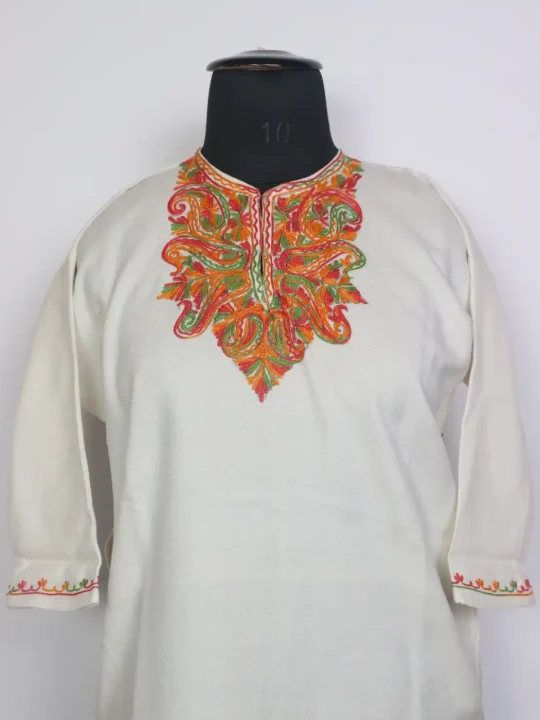 Zehra Kashmiri Girls Pheran in White Cashmilon Wool with Aari Work (7 to 8Y) - Image 2