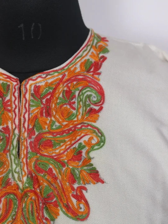 Zehra Kashmiri Girls Pheran in White Cashmilon Wool with Aari Work (7 to 8Y) - Image 3
