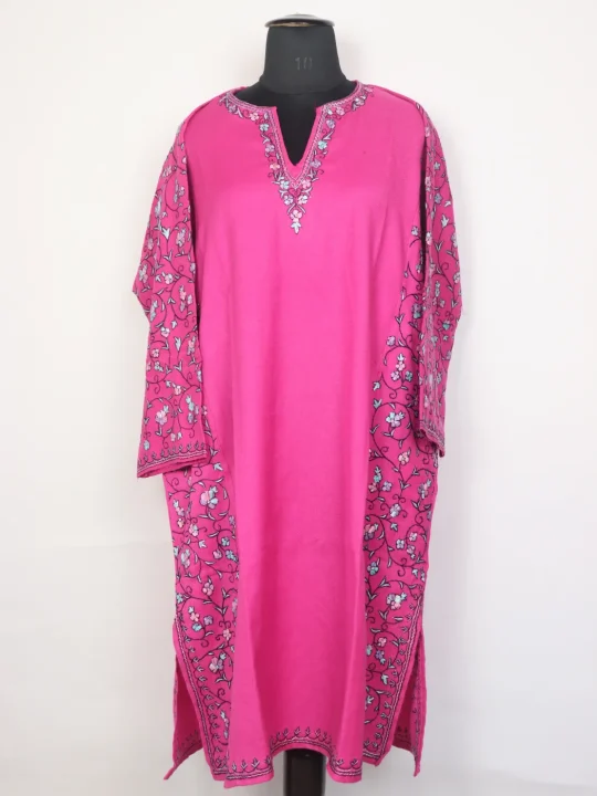 Zohaira Kashmiri Pheran In Raffal Wool With Hand Sozni Paper Mache Side Jaal Work | Pink