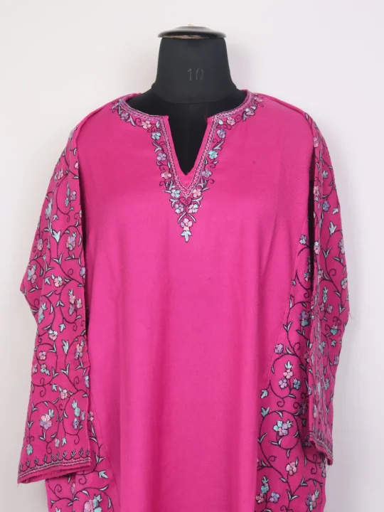 Zohaira Kashmiri Pheran In Raffal Wool With Hand Sozni Paper Mache Side Jaal Work | Pink - Image 2