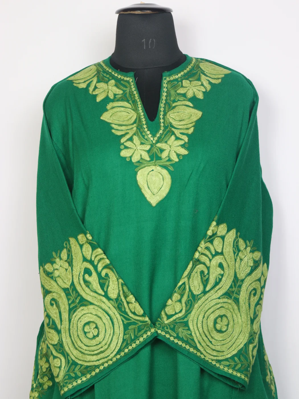 Raffal Wool Kashmiri Aari Embroidered Zohra Green Pheran with Dupatta - Image 2