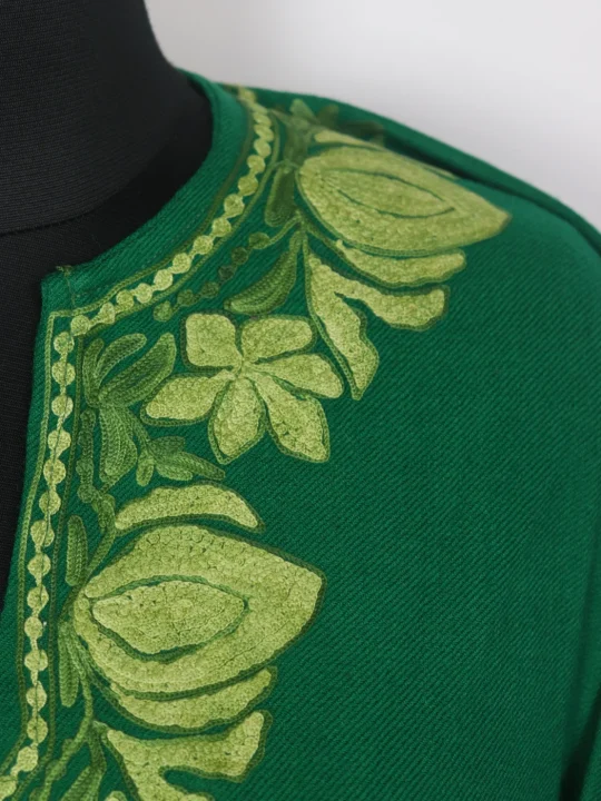 Raffal Wool Kashmiri Aari Embroidered Zohra Green Pheran with Dupatta - Image 3
