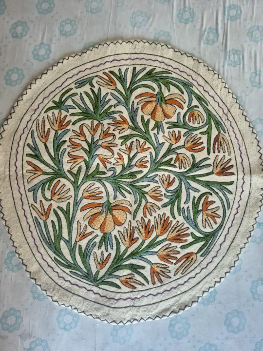 Zoon Dara Botanical Wool Namda with Green Foliage and Saffron Floral Motifs – 4x4 Feet