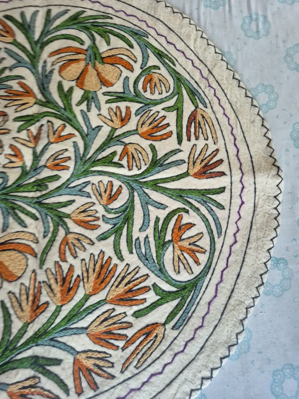 Zoon Dara Botanical Wool Namda with Green Foliage and Saffron Floral Motifs – 4x4 Feet - Image 2