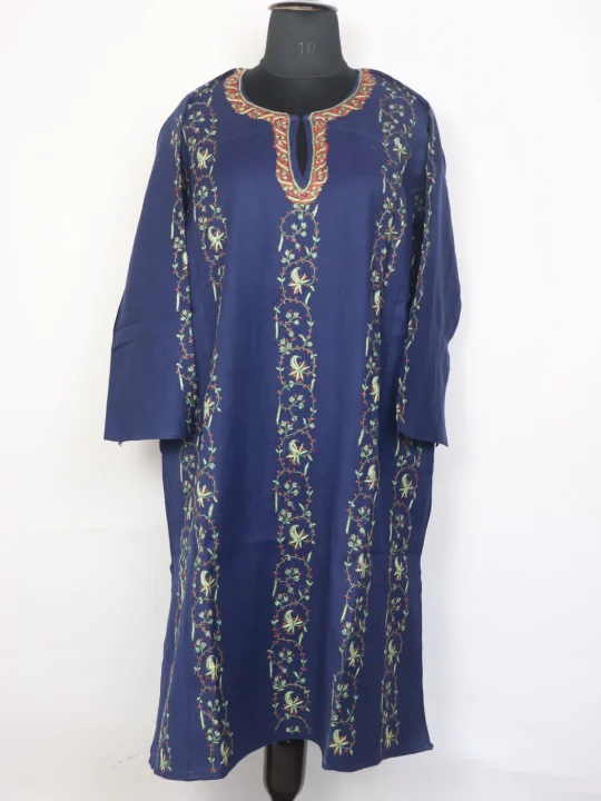 Zubia Kashmiri Pheran In Raffal Wool With Hand Sozni Embroidery | Blue