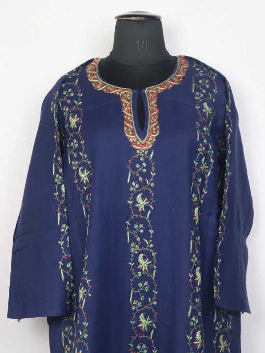 Zubia Kashmiri Pheran In Raffal Wool With Hand Sozni Embroidery | Blue - Image 2
