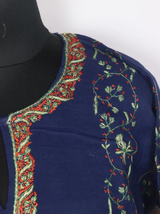 Zubia Kashmiri Pheran In Raffal Wool With Hand Sozni Embroidery | Blue - Image 3