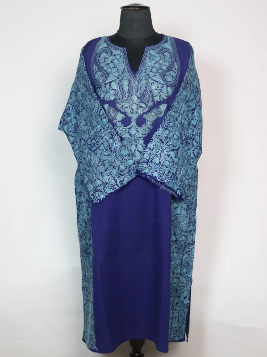 Mahrukh Kashmiri Pheran In Raffal Wool With Aari Embroidry | Blue