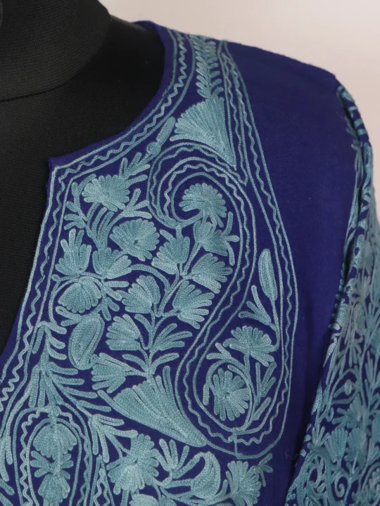 Mahrukh Kashmiri Pheran In Raffal Wool With Aari Embroidry | Blue - Image 2