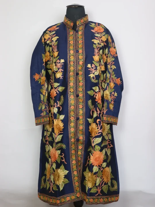 Navy Blue Mahjabeen Silk Kashmiri Aari Embroidered Long Coat