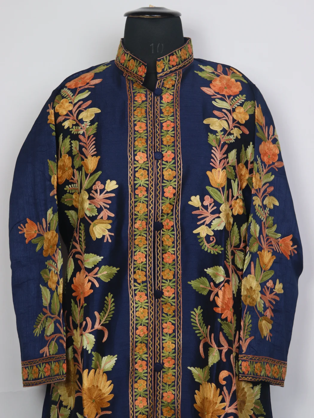 Navy Blue Mahjabeen Silk Kashmiri Aari Embroidered Long Coat - Image 2