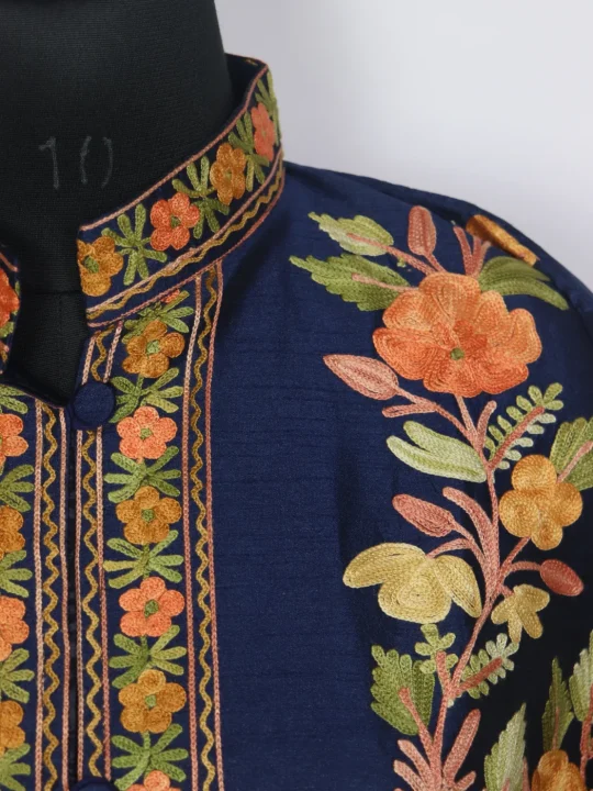 Navy Blue Mahjabeen Silk Kashmiri Aari Embroidered Long Coat - Image 3