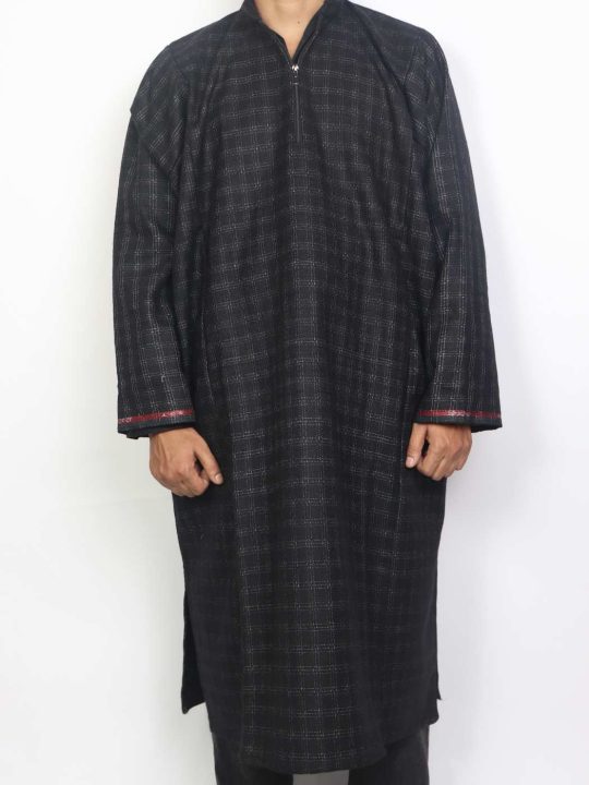 Kashmiri Black Check Tweed Pheran for Men | Gulmarg - Image 4