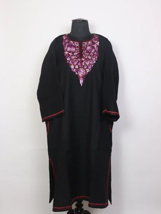 Black Bahaar Kashmiri Pheran with Hand Sozni Work Paper Mache Style in Raffal Wool
