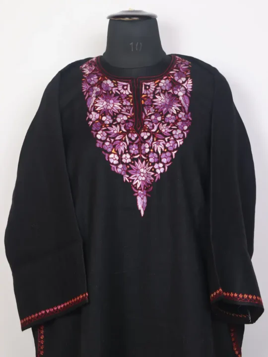 Black Bahaar Kashmiri Pheran with Hand Sozni Work Paper Mache Style in Raffal Wool - Image 2