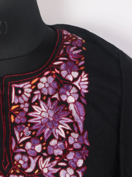 Black Bahaar Kashmiri Pheran with Hand Sozni Work Paper Mache Style in Raffal Wool - Image 3