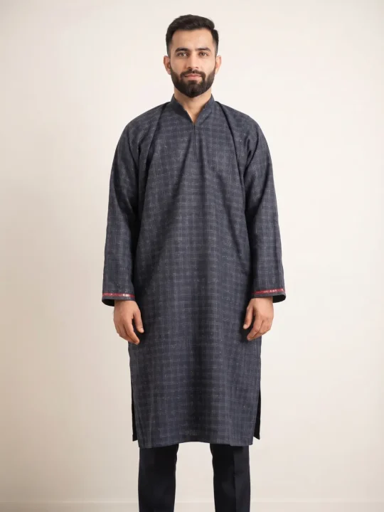 Kashmiri Tweed Pheran for Men Sarmad Navy Blue Check Pattern