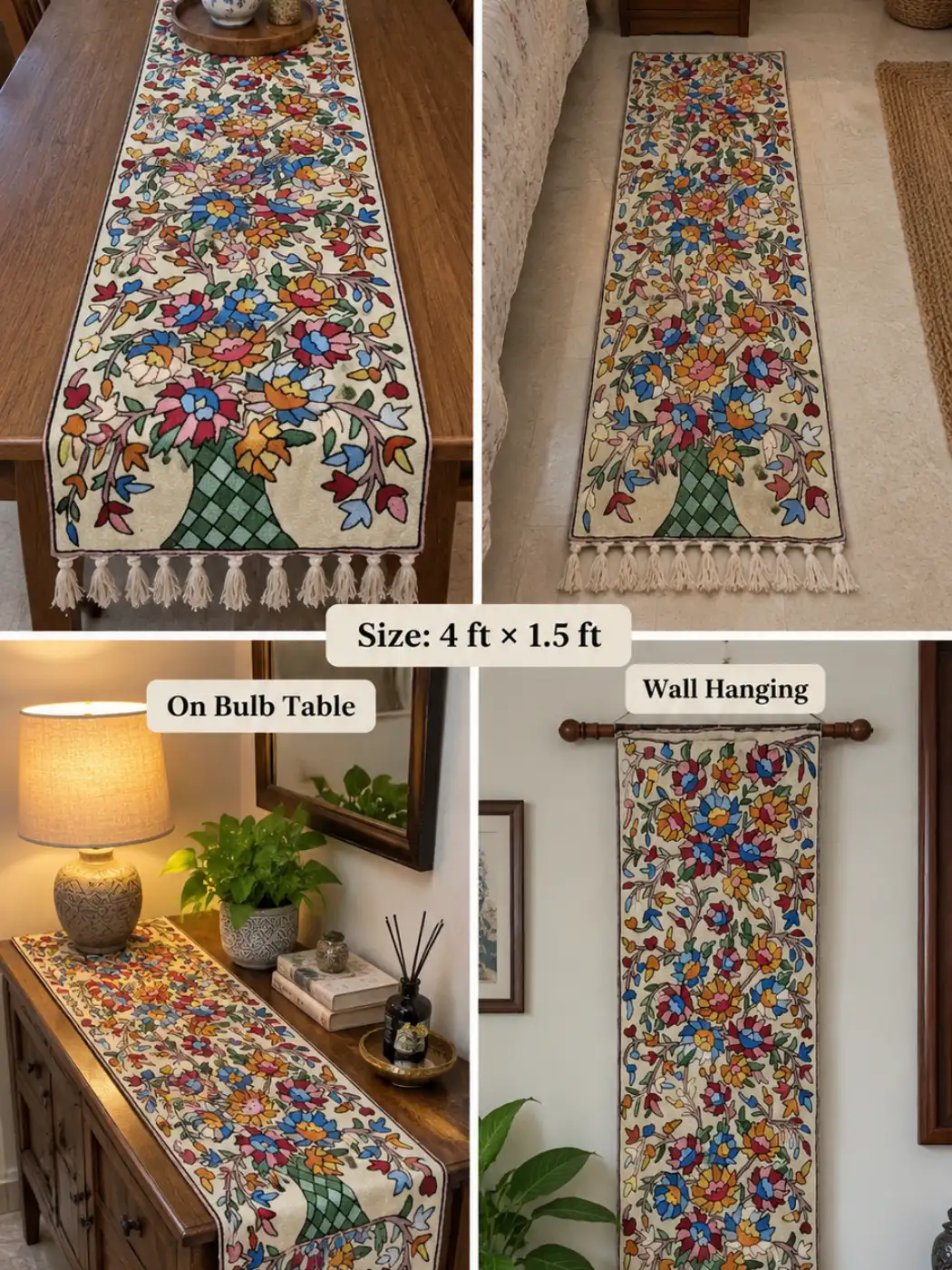 Bangus Kashmiri Handmade Silk Thread Chain Stitch Embroidery Runner 4*1.5ft - Image 2