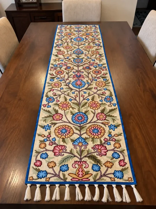 Doodpathri Kashmiri Handmade Silk Thread Chain Stitch Embroidery Runner 4*1.5ft