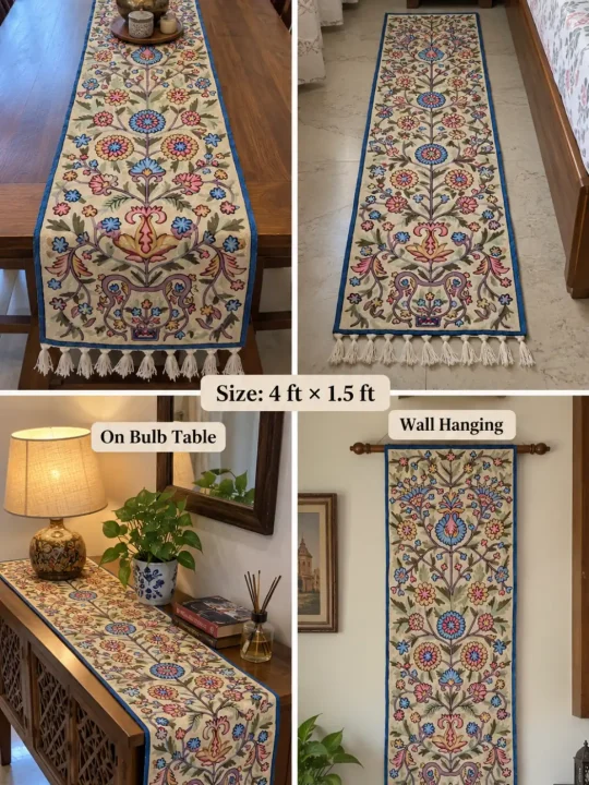 Doodpathri Kashmiri Handmade Silk Thread Chain Stitch Embroidery Runner 4*1.5ft - Image 2