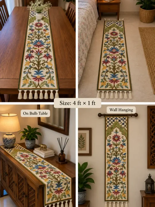 Dachigam Handmade Kashmiri Wool Thread Embroidery Chain Stitch Runner 4*1.5ft - Image 2