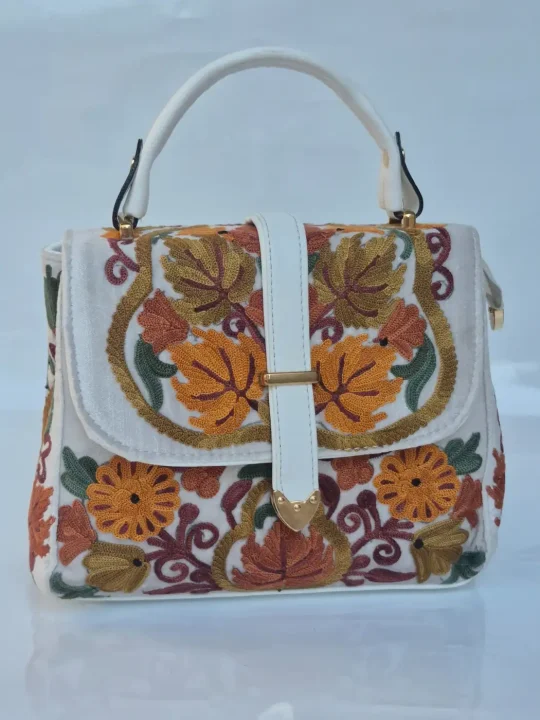 Farida Kashmiri White Handbag with Aari Embroidery