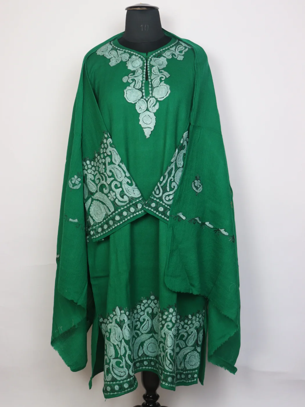 Green Kashmiri Raffal Wool Aari Embroidered Pheran with Dupatta Shahira