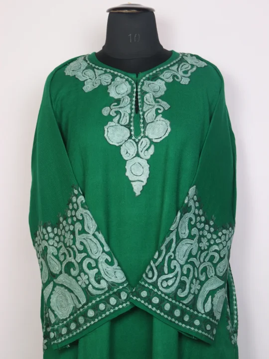 Green Kashmiri Raffal Wool Aari Embroidered Pheran with Dupatta Shahira - Image 2