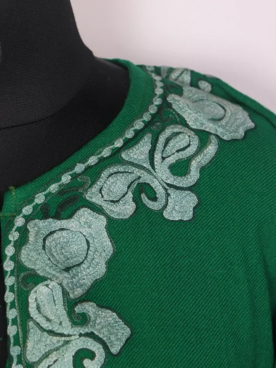 Green Kashmiri Raffal Wool Aari Embroidered Pheran with Dupatta Shahira - Image 3