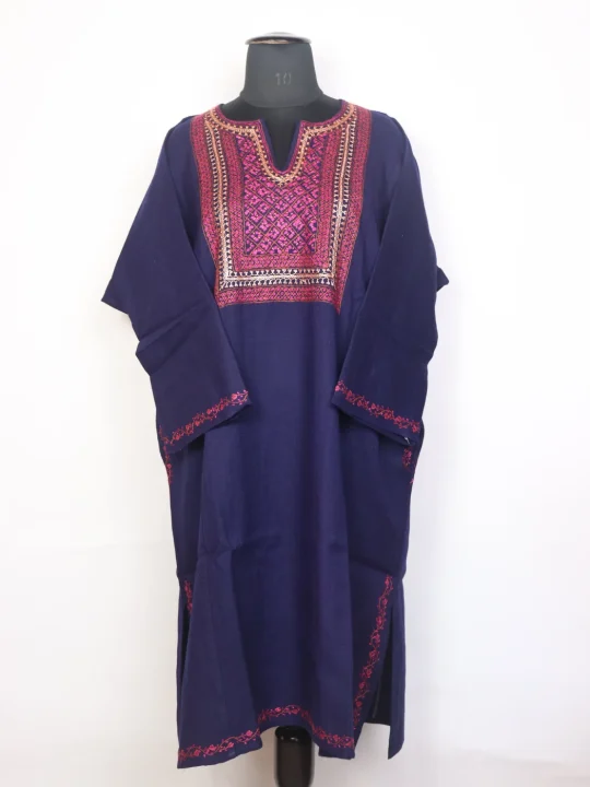Nafeela Kashmiri Navy Blue Raffal Wool Hand Sozni and Tilla Embroidery Pheran