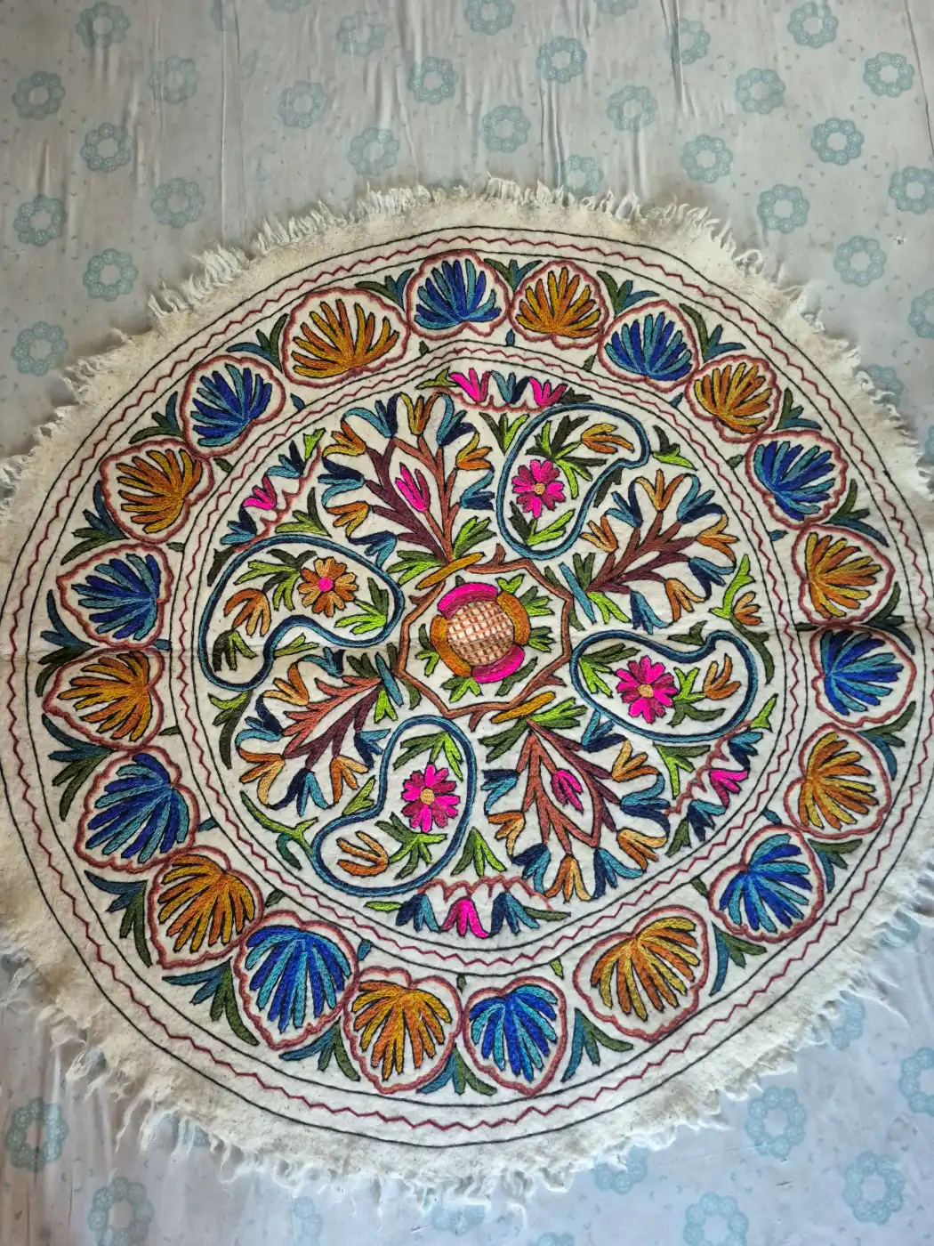 Hand Embroidered Kashmiri Namda Round Rug with Multicolour Floral Medallion – 5x5 Feet