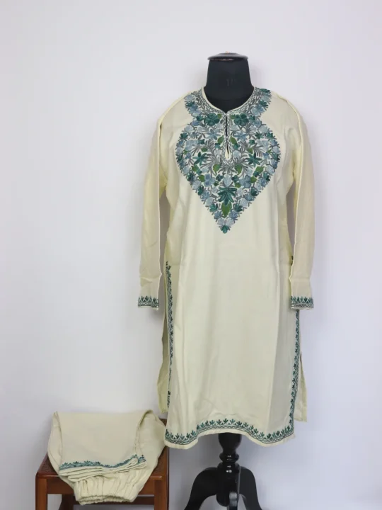 Kashmiri Cashmilon Cream Kurta Set for Women Gulshan With Aari Work