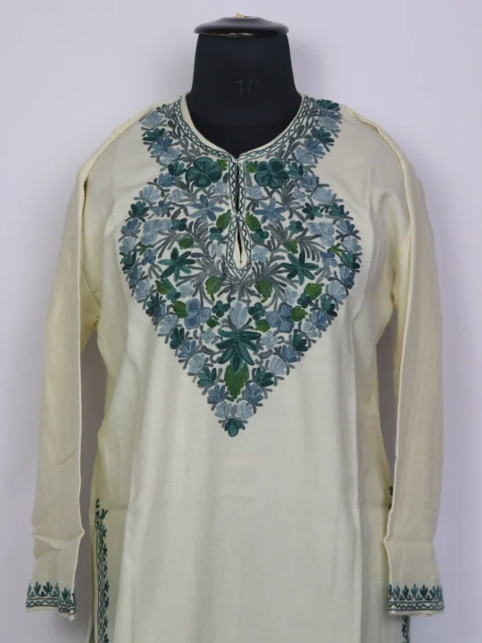 Kashmiri Cashmilon Cream Kurta Set for Women Gulshan With Aari Work - Image 2