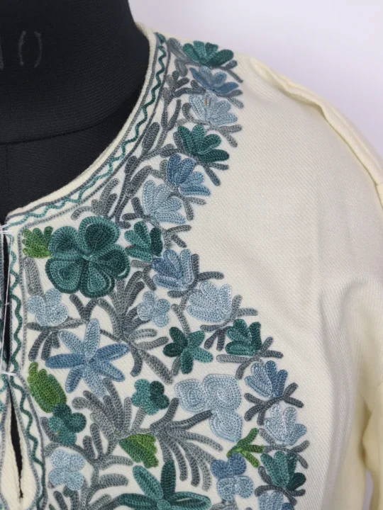 Kashmiri Cashmilon Cream Kurta Set for Women Gulshan With Aari Work - Image 3