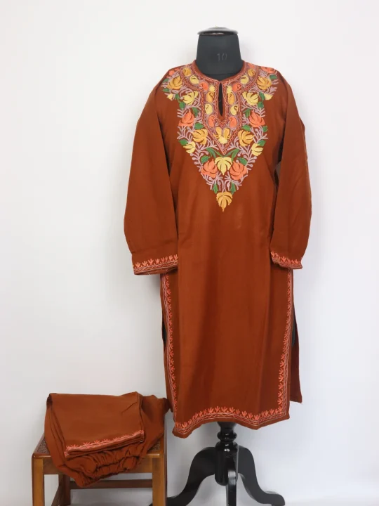 Kashmiri Rustic Brown Cashmilon Mahrin Kurta Set for Women With Aari Work