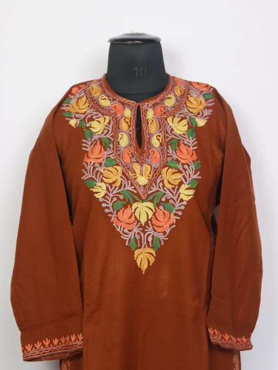 Kashmiri Rustic Brown Cashmilon Mahrin Kurta Set for Women With Aari Work - Image 2