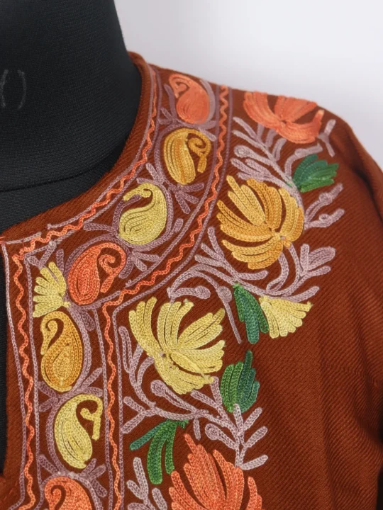 Kashmiri Rustic Brown Cashmilon Mahrin Kurta Set for Women With Aari Work - Image 3