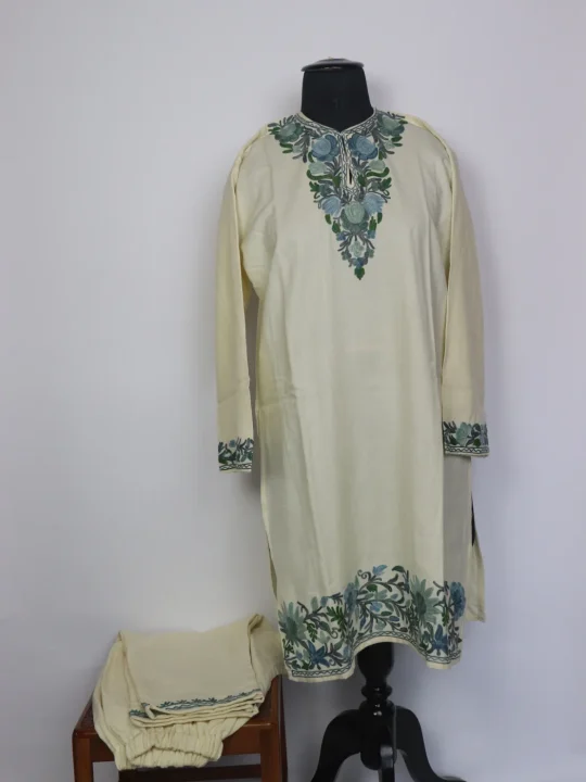 Kashmiri Cashmilon Cream Kurta Set for Women With Aari Kadhai Shabnum
