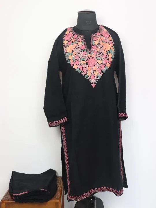 Kashmiri Cashmilon Kurta Set In Black for Women Shaheen With Aari Embroidery