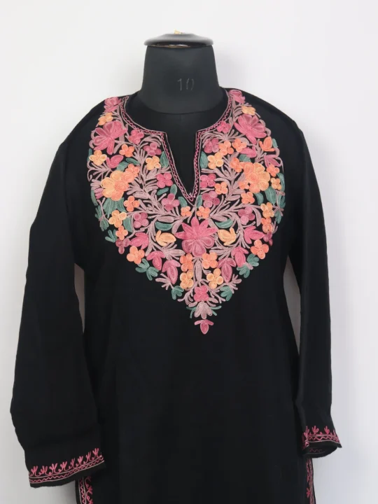 Kashmiri Cashmilon Kurta Set In Black for Women Shaheen With Aari Embroidery - Image 2