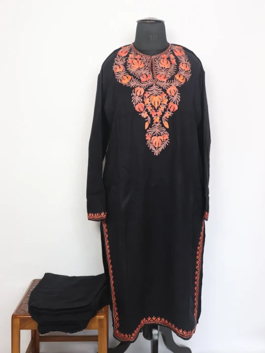 Black Kashmiri Kurta Set In Cashmilon Shifa For Women With Aari Work