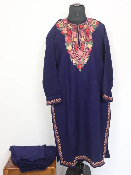 Kashmiri Kurta Set Arwah In Blue Cashmilon For Women With Aari Kaam