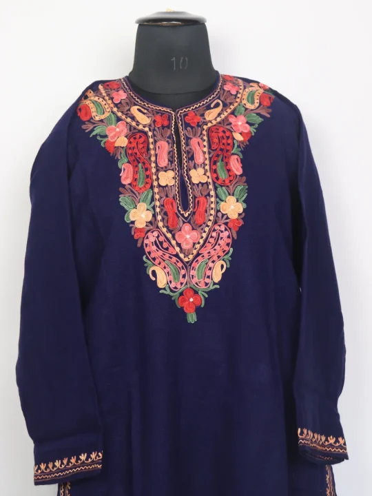 Kashmiri Kurta Set Arwah In Blue Cashmilon For Women With Aari Kaam - Image 2