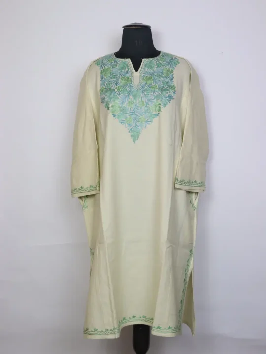 Sana Cream Kashmiri Cashmilon Wool Pheran For Women With Aari work