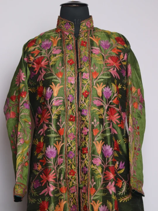 Long Coat Barzulla In Green Silk Jaal Kashmiri Aari Embroidery - Image 2