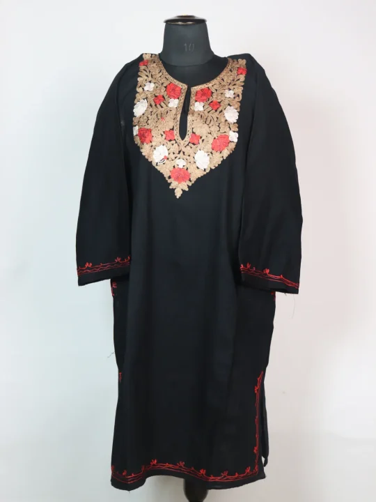 Black Kashmiri Pheran Made With Cashmilon Featuring Floral Aari Kadhai