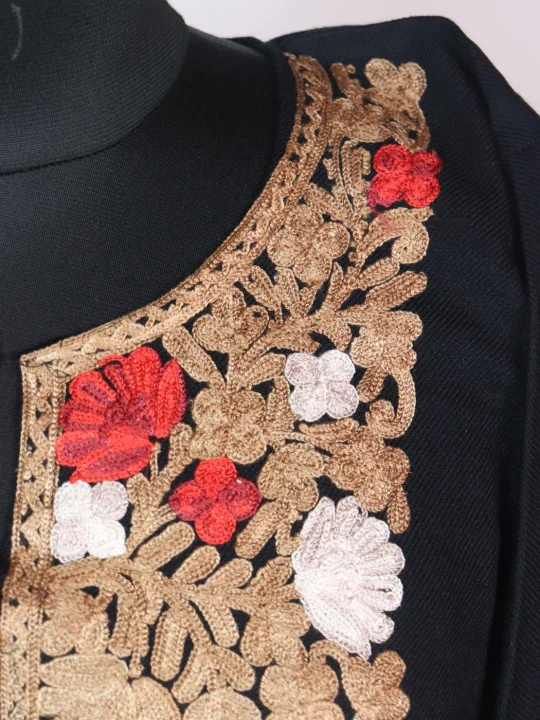 Black Kashmiri Pheran Made With Cashmilon Featuring Floral Aari Kadhai - Image 3