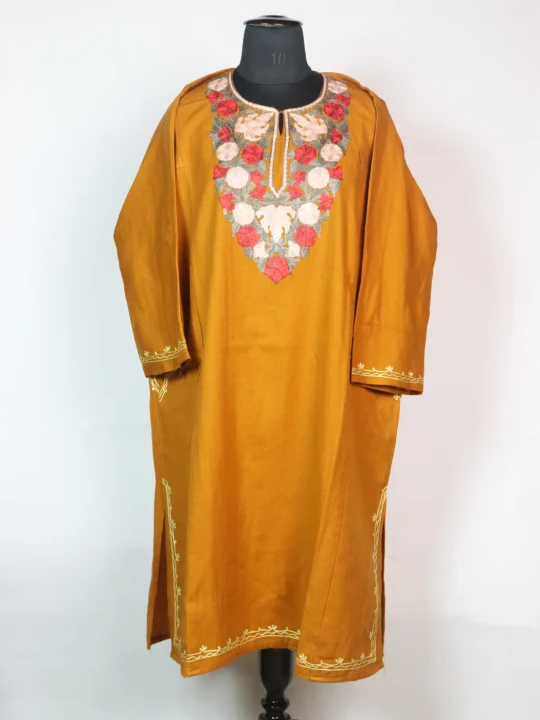 Yellow Kashmiri Pheran Comes With Cashmilon Wool Aari Embroidery Majnoo